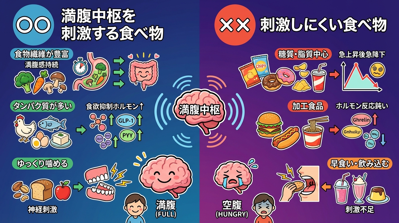 満腹中枢を刺激する食べ物の3つの条件の図解