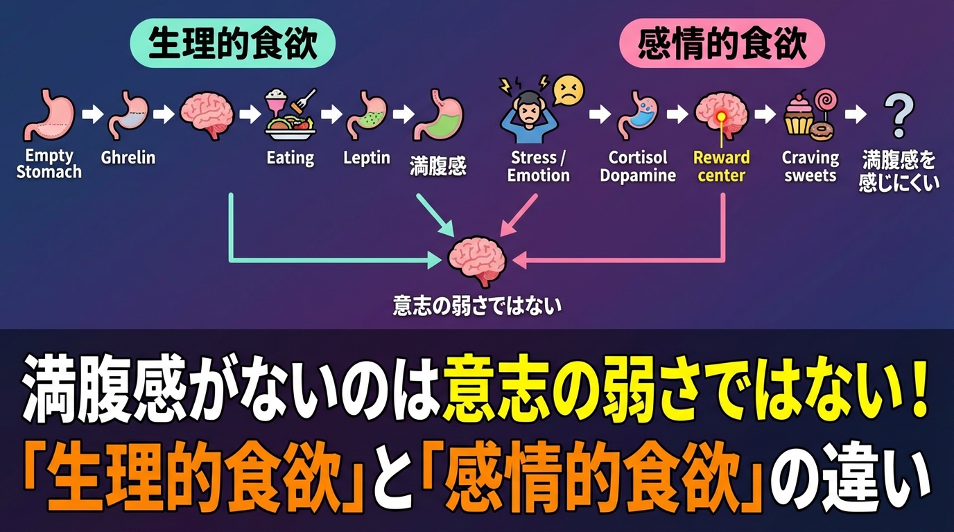 お腹いっぱいなのに食べたくなるのはなぜ?満腹感がない心理とダイエットの深い関係のアイキャッチ画像