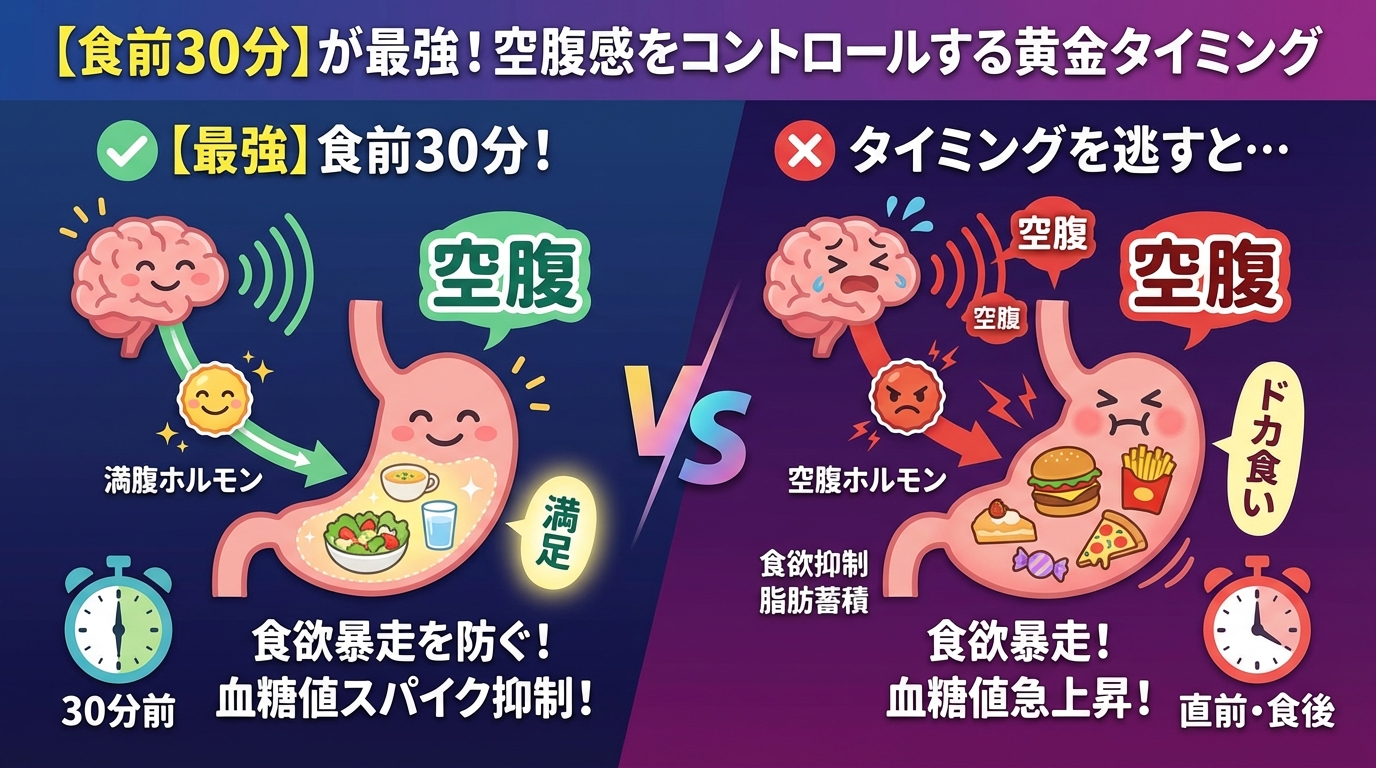 【食前30分】が最強！空腹感をコントロールする黄金タイミングの図解