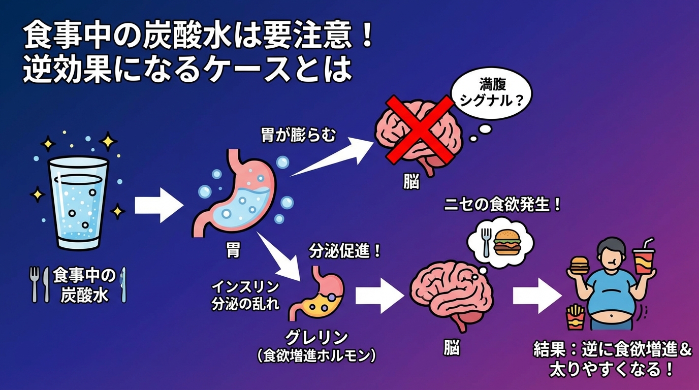 食事中の炭酸水は要注意！逆効果になるケースとはの図解