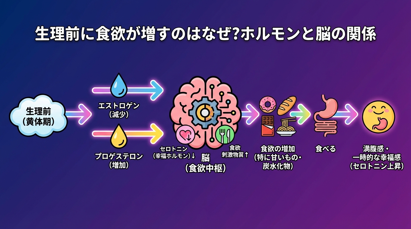 生理前に食欲が増すのはなぜ?ホルモンと脳の関係の図解