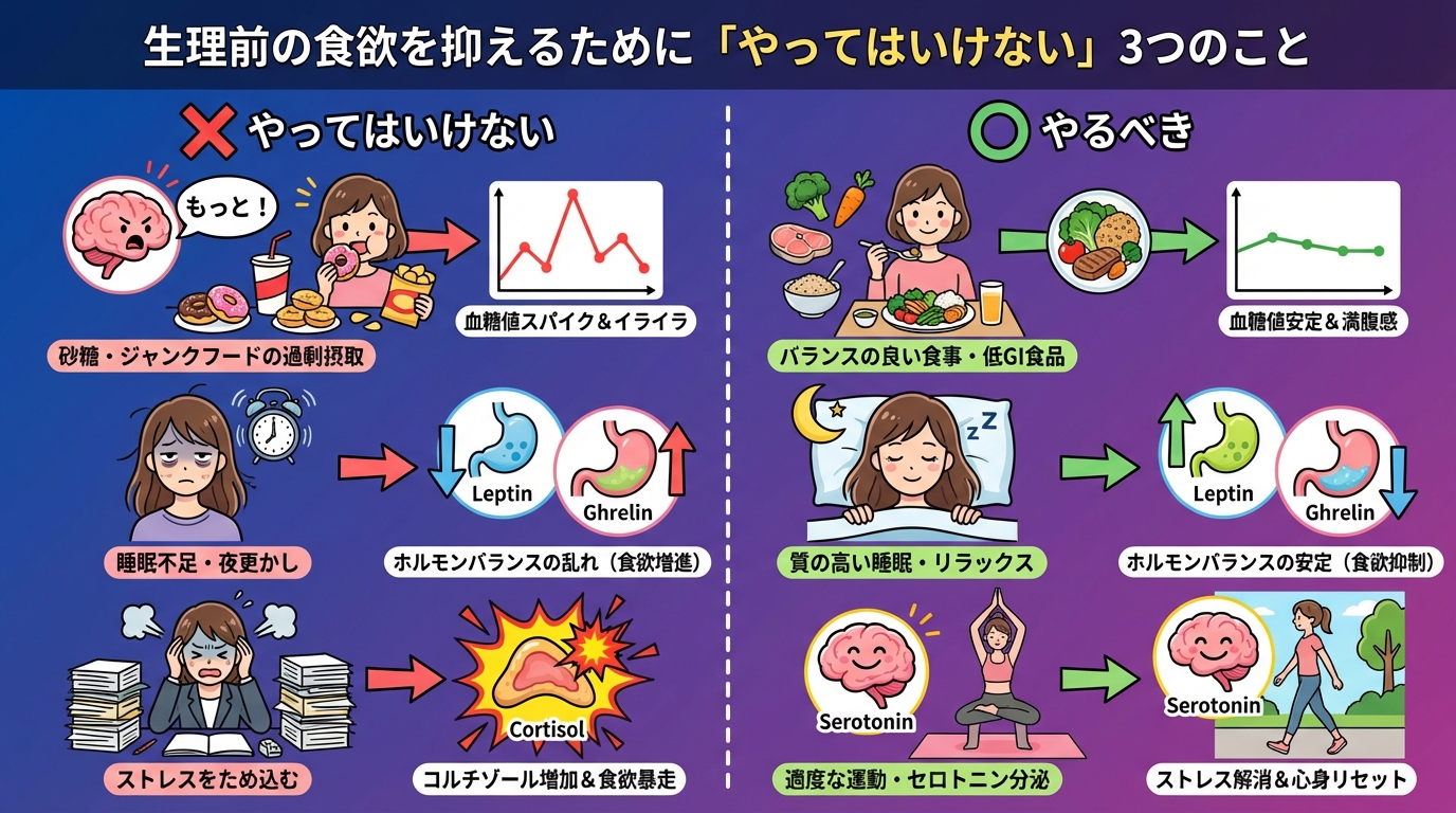 生理前の食欲を抑えるために「やってはいけない」3つのことの図解