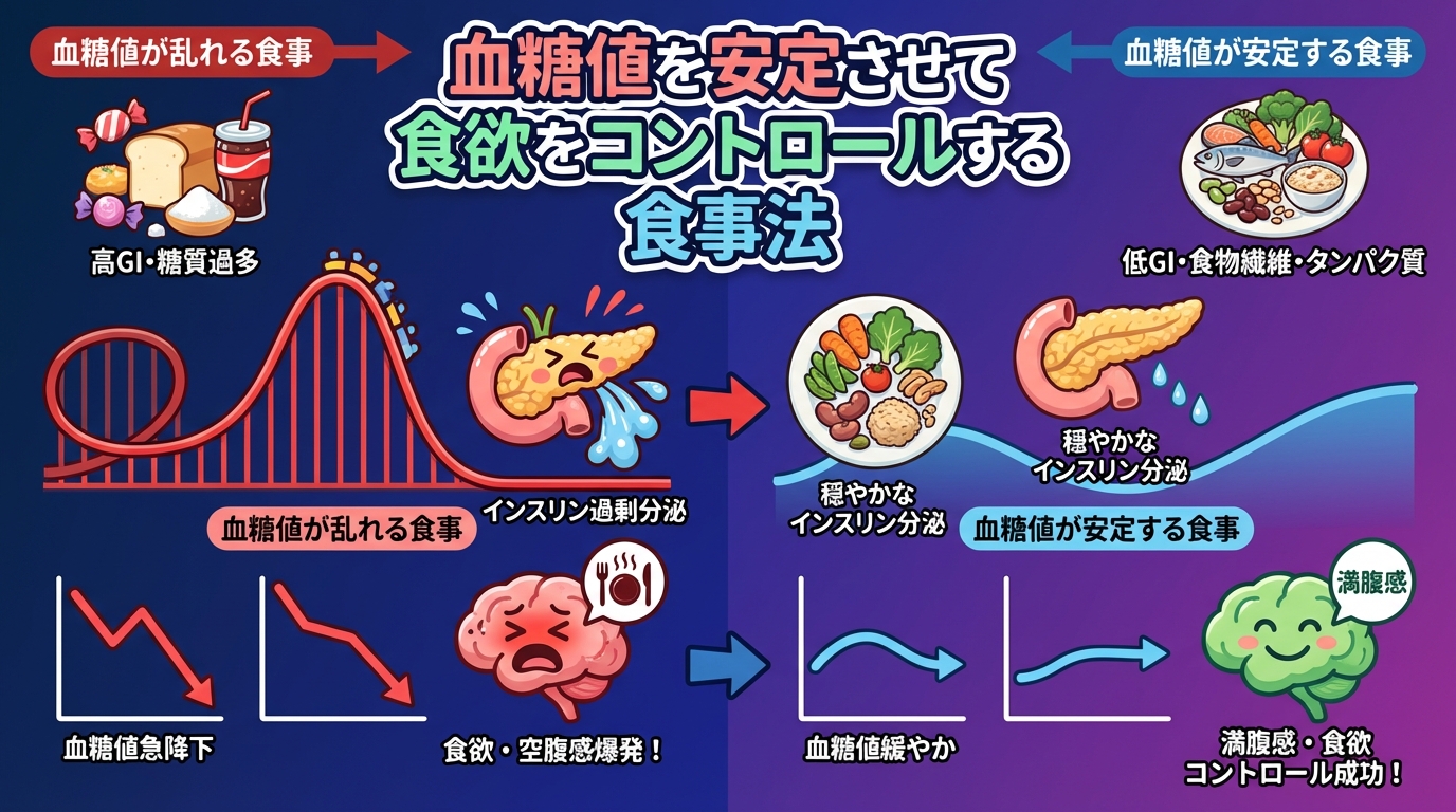 血糖値を安定させて食欲をコントロールする食事法の図解