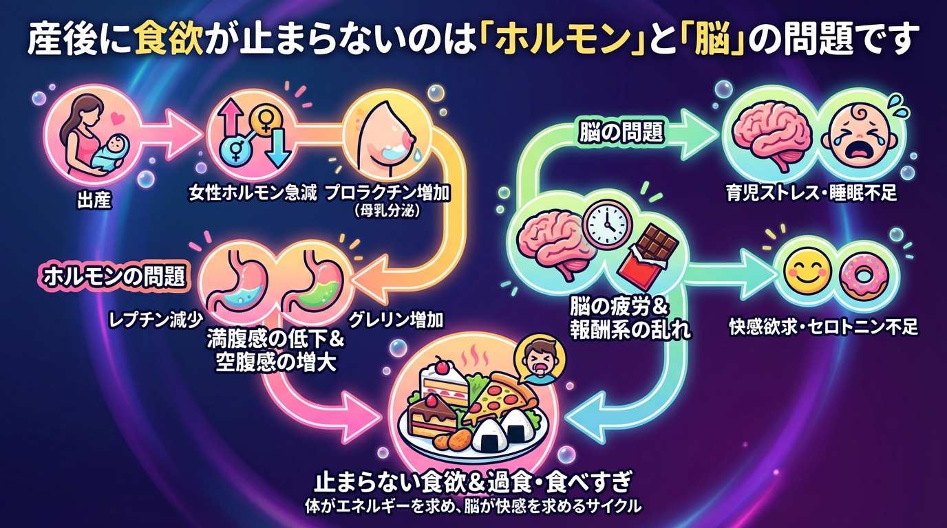 産後に食欲が止まらないのは「ホルモン」と「脳」の問題ですの図解