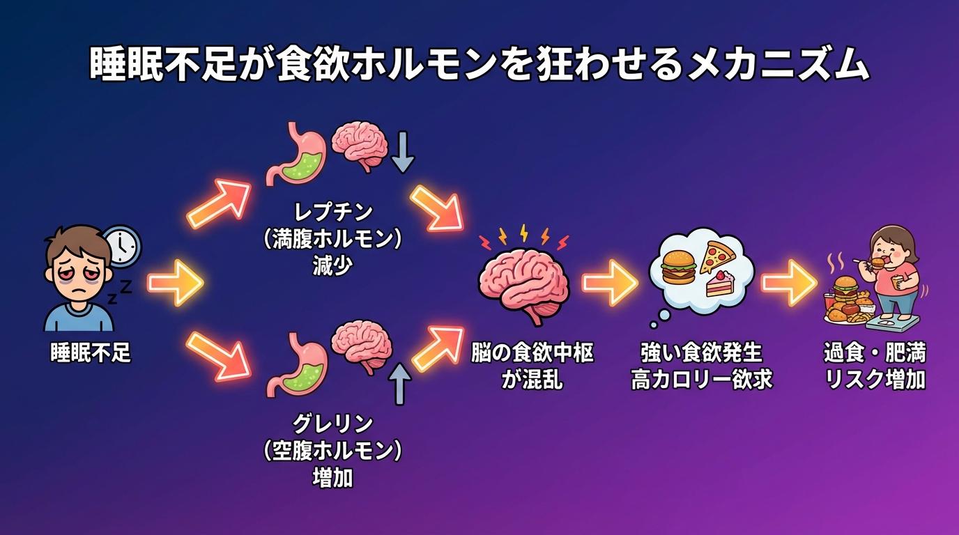 睡眠不足が食欲ホルモンを狂わせるメカニズムの図解