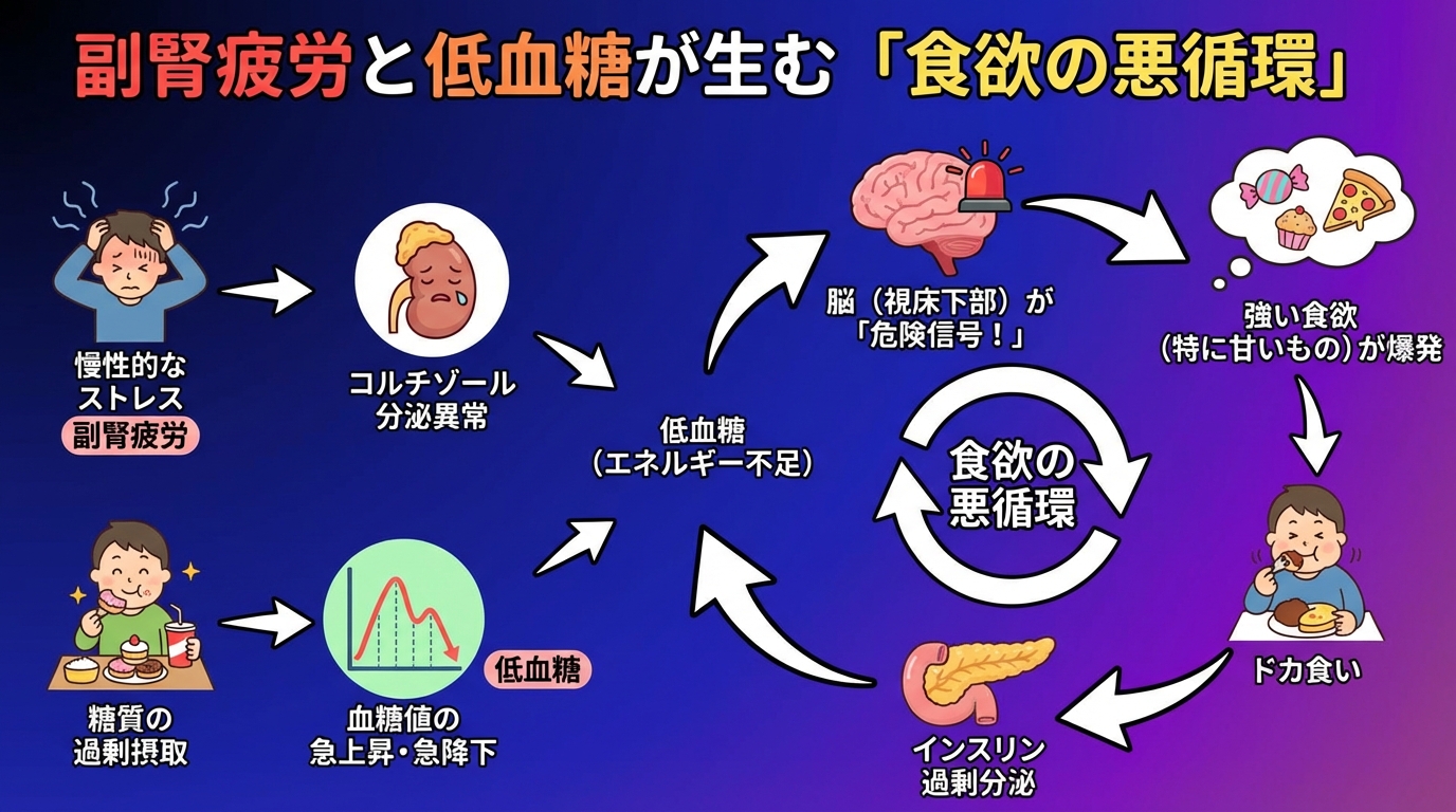 副腎疲労と低血糖が生む「食欲の悪循環」の図解