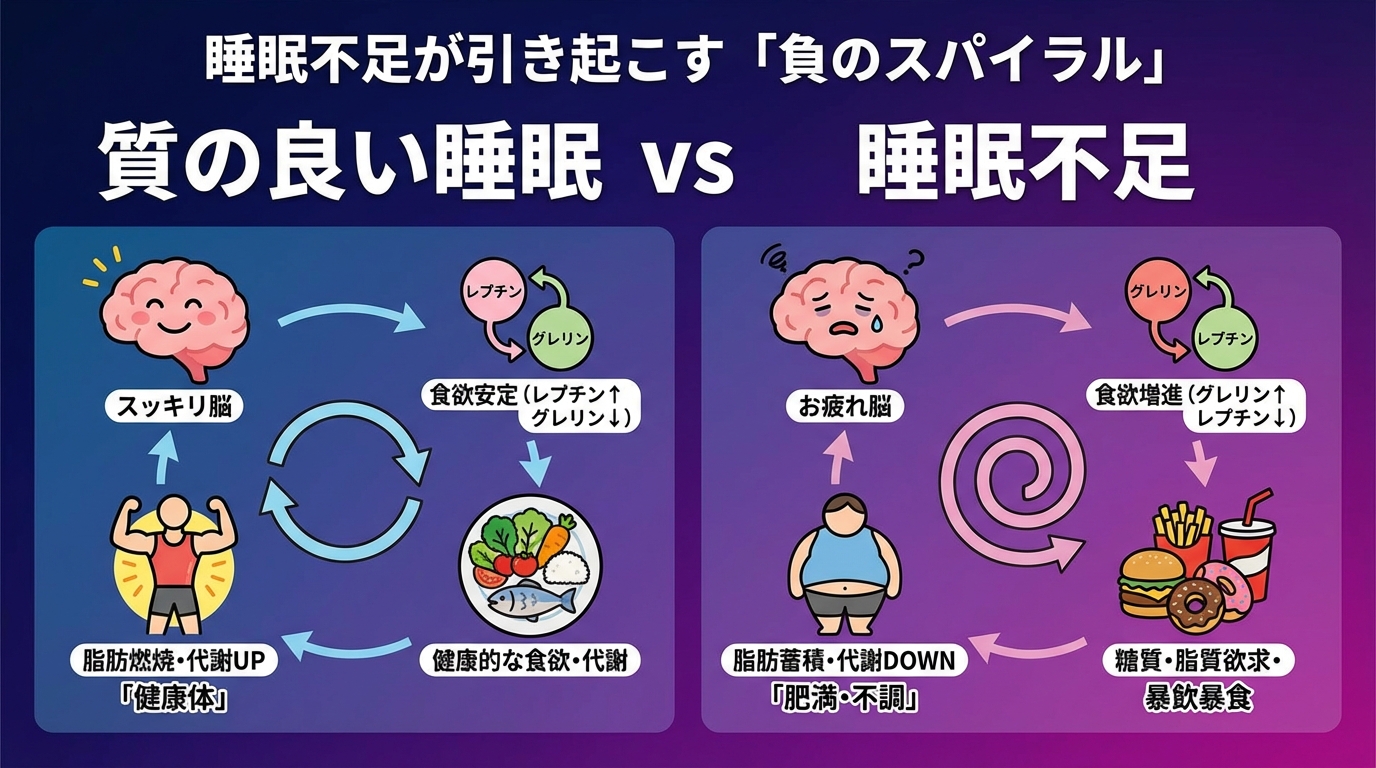 睡眠不足が引き起こす「負のスパイラル」の図解