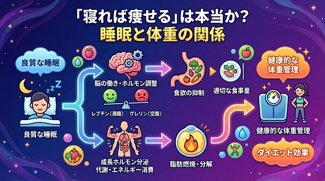 「寝れば痩せる」は本当か？睡眠と体重の関係の図解