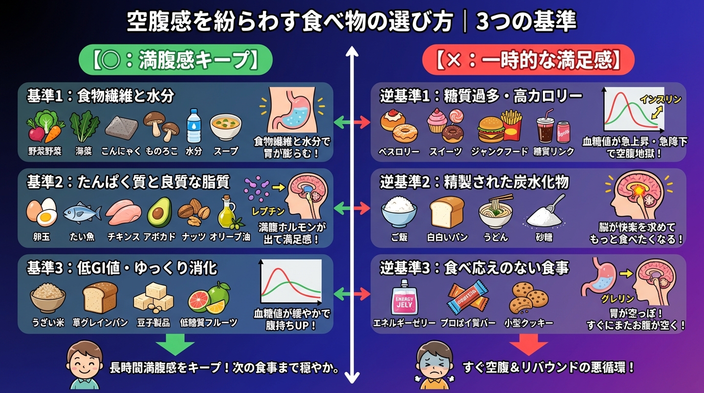 空腹感を紛らわす食べ物の選び方|3つの基準の図解