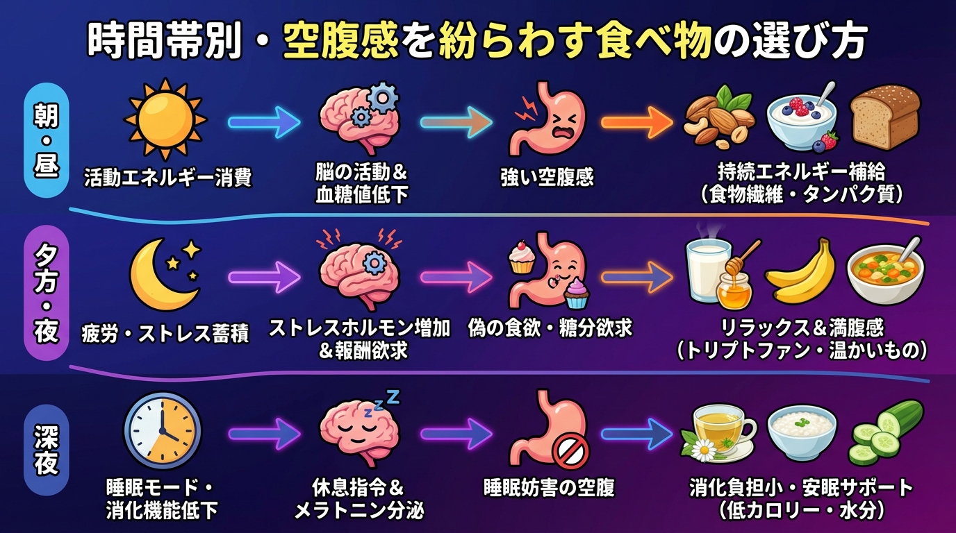時間帯別・空腹感を紛らわす食べ物の選び方の図解