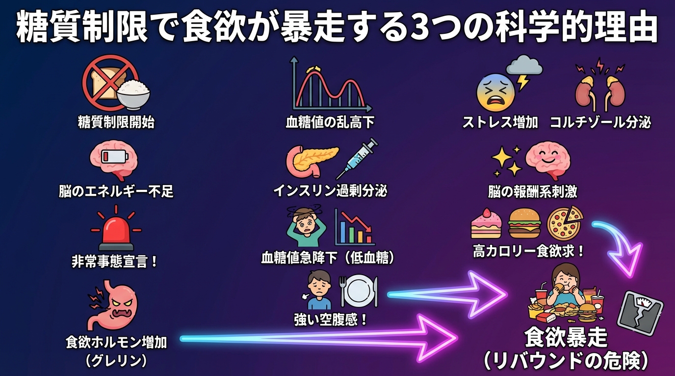 糖質制限で食欲が暴走する3つの科学的理由の図解