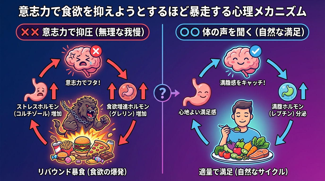 「意志力」で食欲を抑えようとするほど暴走する心理メカニズムの図解