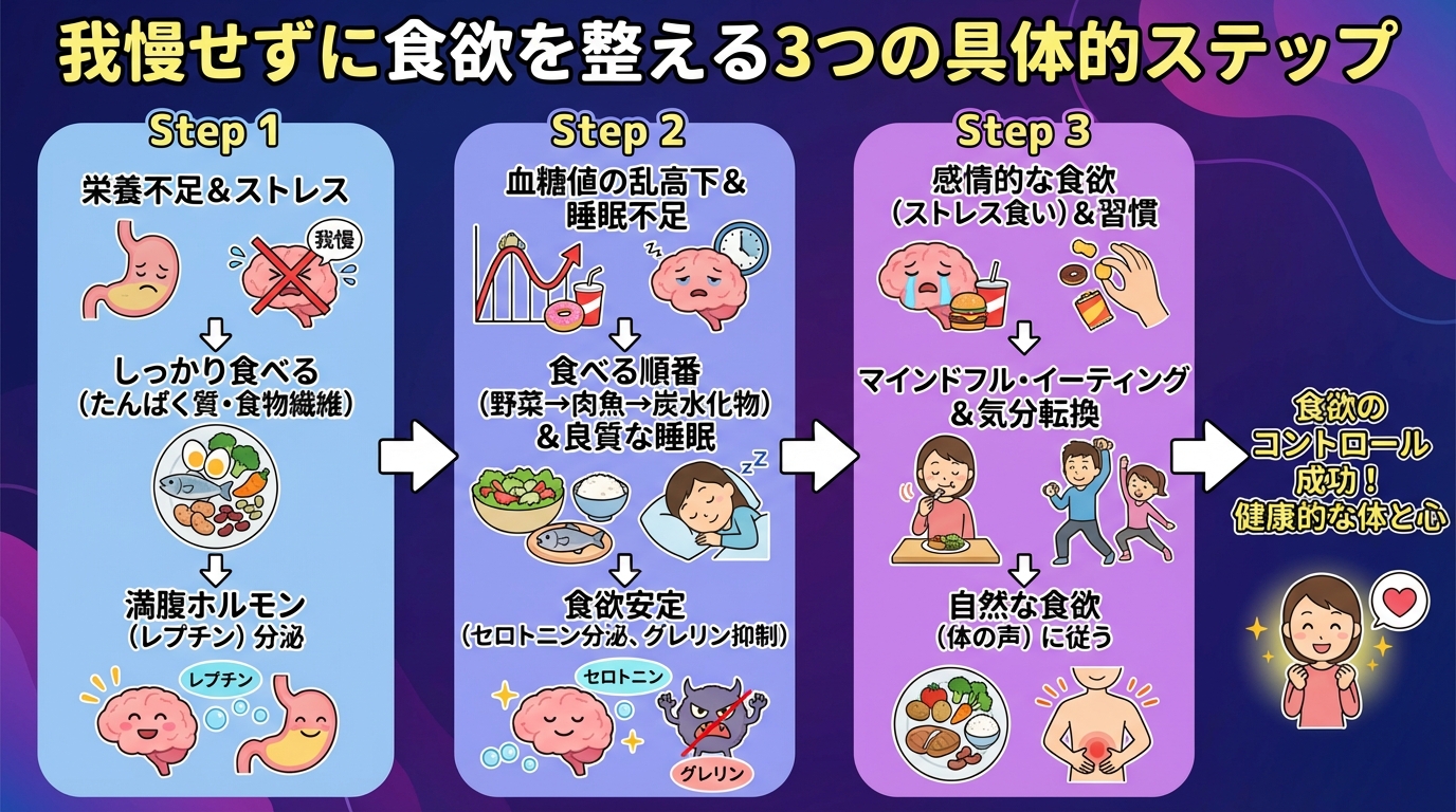 我慢せずに食欲を整える3つの具体的ステップの図解