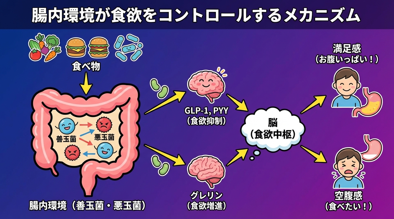 腸内環境が食欲をコントロールするメカニズムの図解