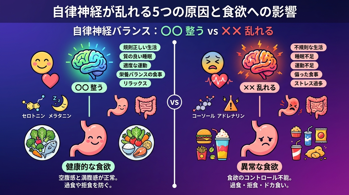 自律神経が乱れる5つの原因と食欲への影響の図解