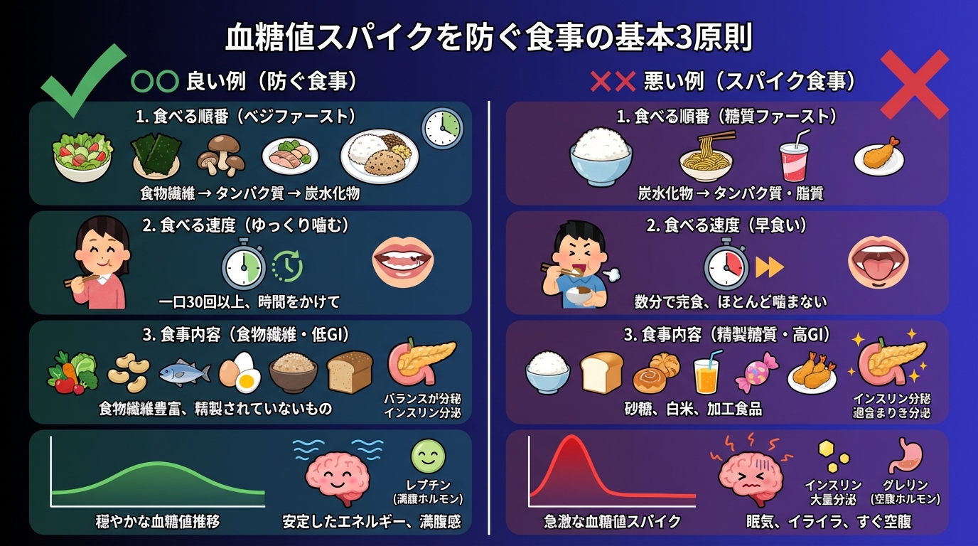 血糖値スパイクを防ぐ食事の基本3原則の図解
