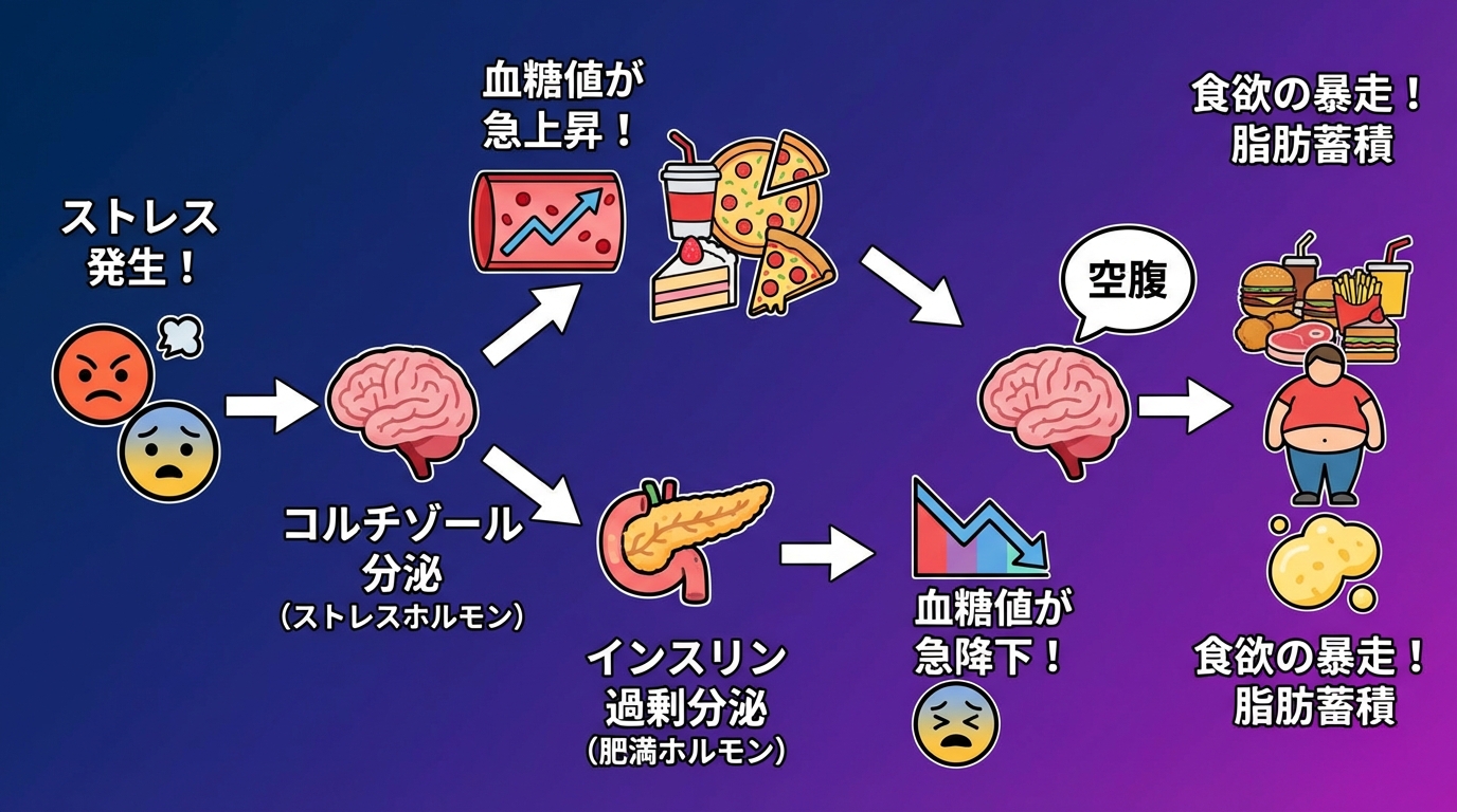 血糖値と心の関係：ストレスが引き起こす食欲の暴走の図解
