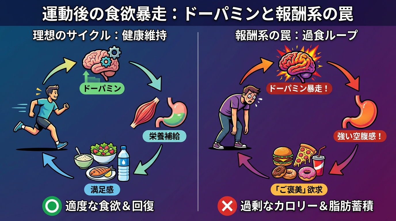 運動後の食欲暴走：ドーパミンと報酬系の罠の図解