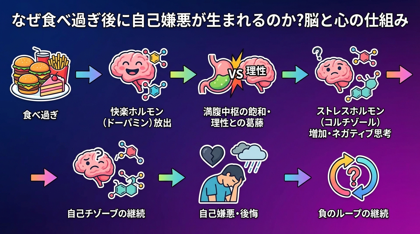 なぜ食べ過ぎ後に自己嫌悪が生まれるのか?脳と心の仕組みの図解