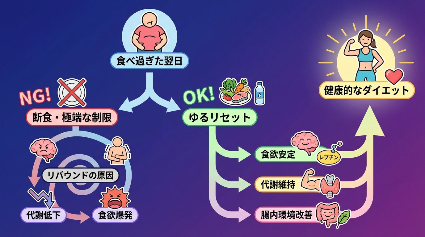 食べ過ぎた翌日に断食や極端な制限がNGな理由の図解