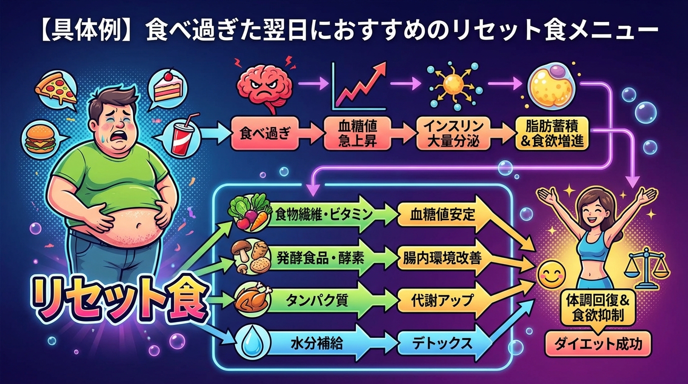 【具体例】食べ過ぎた翌日におすすめのリセット食メニューの図解