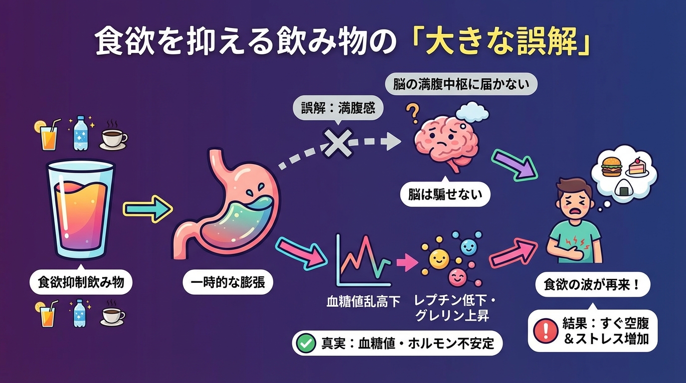 食欲を抑える飲み物の「大きな誤解」の図解
