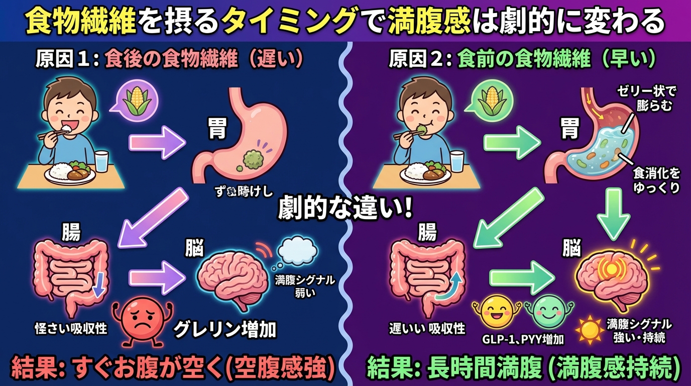 食物繊維を摂るタイミングで満腹感は劇的に変わるの図解
