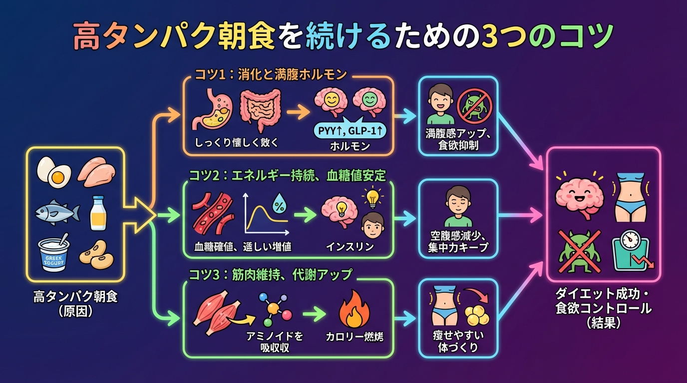 高タンパク朝食を続けるための3つのコツの図解